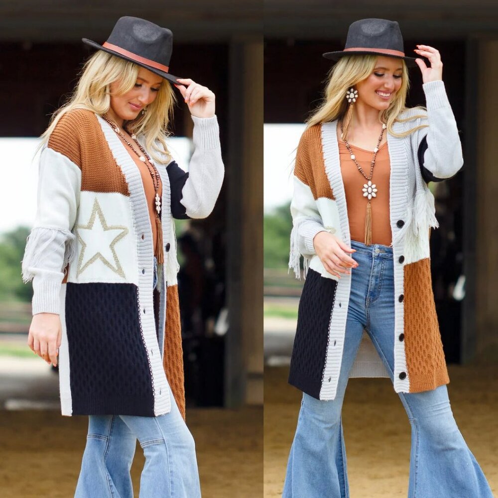 New Colorblock Long Cardigan With Fringe & Star Detail Button Closure Sunshine &
